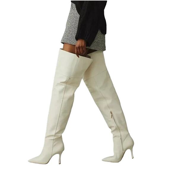 Larroude Kate Leather Over The Knee Boots Stiletto Heel Pointed Toe Ivory Size 6 - Picture 1 of 15